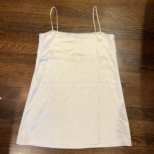 Reformation white silk strapless mini dress.